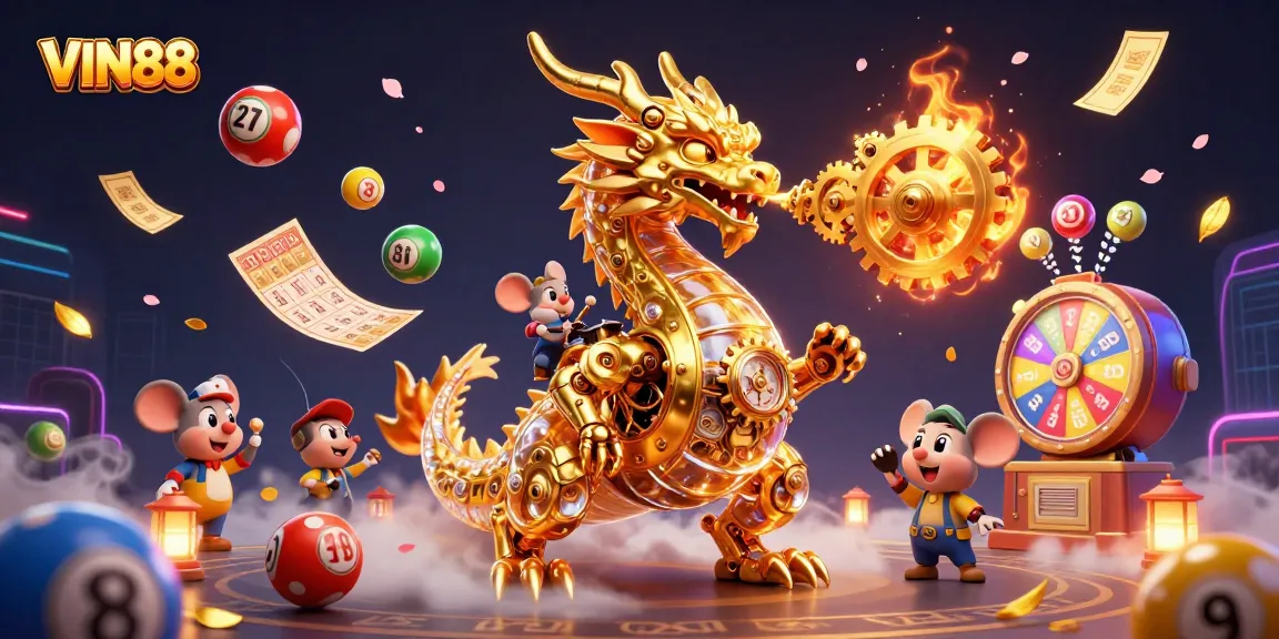 Experience the thrill of VIN88 with a vibrant jackpot scene featuring a golden dragon and lottery elements.