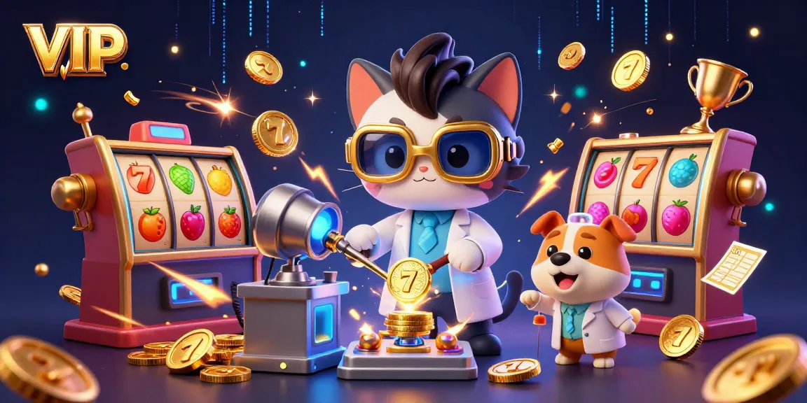 Join VIPWIN for thrilling slot adventures in this dynamic, illustrated scene of a playful casino lab.