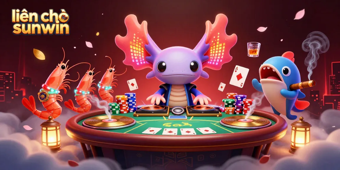 Join the fun at liên hệ sunwin with vibrant illustrations of an axolotl DJ and casino elements.